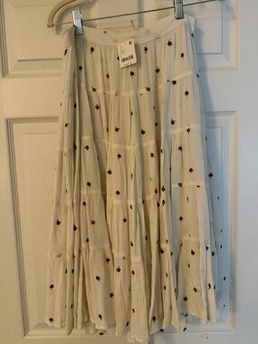 Cream Tiered Maxi Skirt with Red Floral Embroidery